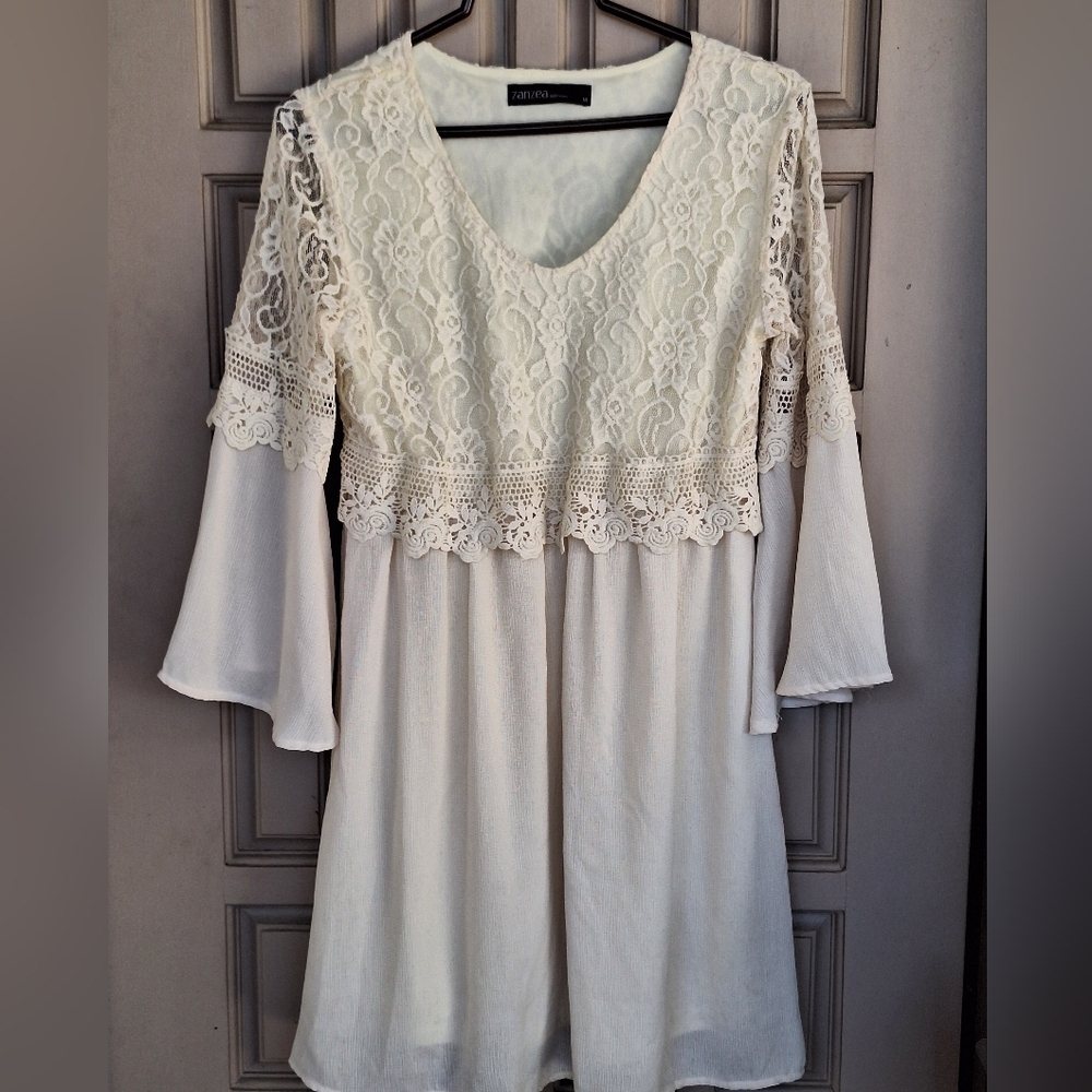 Zanzea Dress SzM LaceBodice & Half Sleeve Chiffon Skirt Cream Pullover SuperCute
